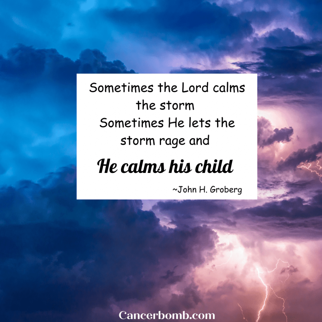 Stormy pink and blue skies-  text overlay says Sometimes the Lord calms the storm.  Sometimes he lets the storm rage and he calms his child.  ~John H. Groberg