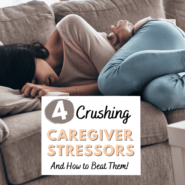 Young woman crying on the couch, text overlay says 4 crushing caregiver stressors and how to beat them.