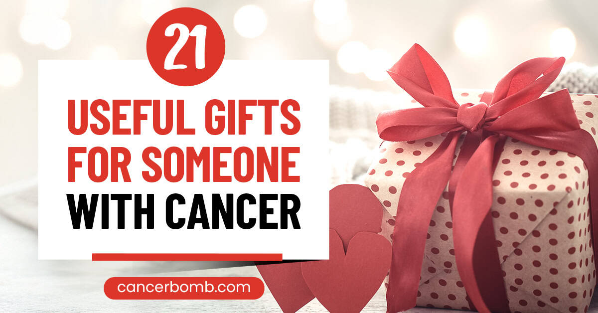 Gift wrapped in red and white polka dot paper and a big red bow and decorative hearts. Text says 21 useful gifts for someone with cancer.