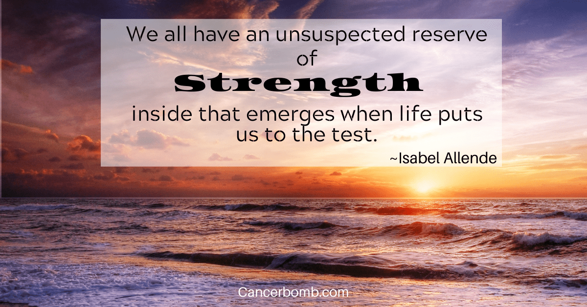 Caregiver quotes and sayings.  Sunset over the ocean with calm easy waves.  Text overlays says We all have an unsuspected reserve of Strength inside that emerges when life puts us to the test. ~Isabel Allende
