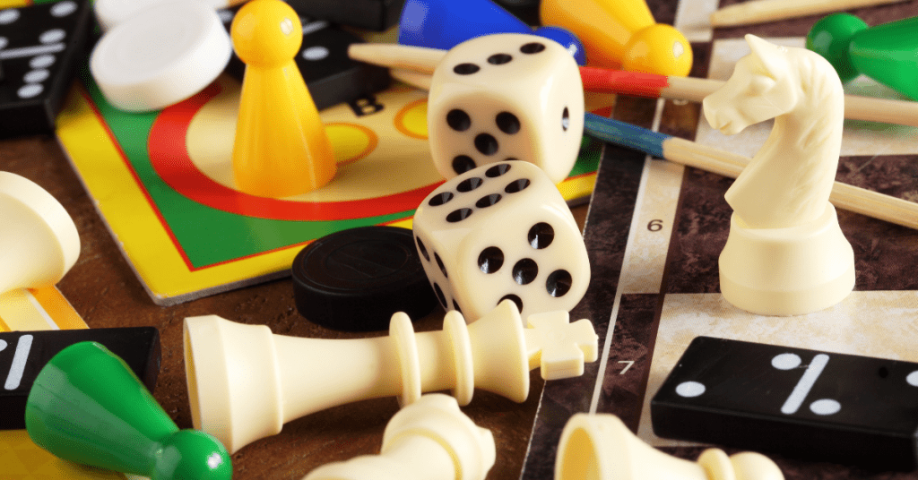 Game Pieces and dice on a table