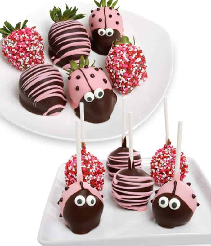 Lady bug decorated cake pops and chocolate covered strawberries