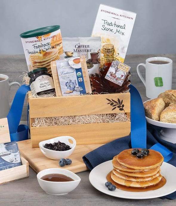 The perfect breakfast basket filled with pankcake mix, coffee, scone mix, maple syrup, blueberry jam.