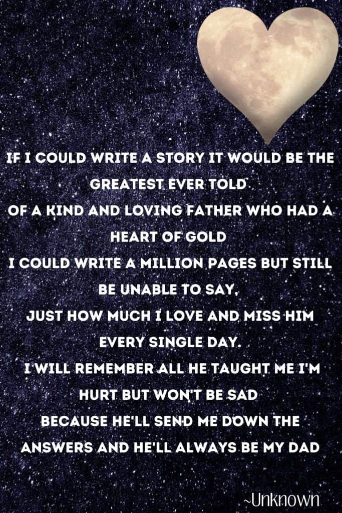 Deak blue sky filled with stars and a heart shaped moon.  Text overlay says If I could write a story It would be the greatest ever told Of a kind and loving father Who had a heart of gold I could write a million pages But still be unable to say, just how Much I love and miss him Every single day I will remember all he taught me I'm hurt but won't be sad because he'll send me down the answers And he'll always be MY DAD