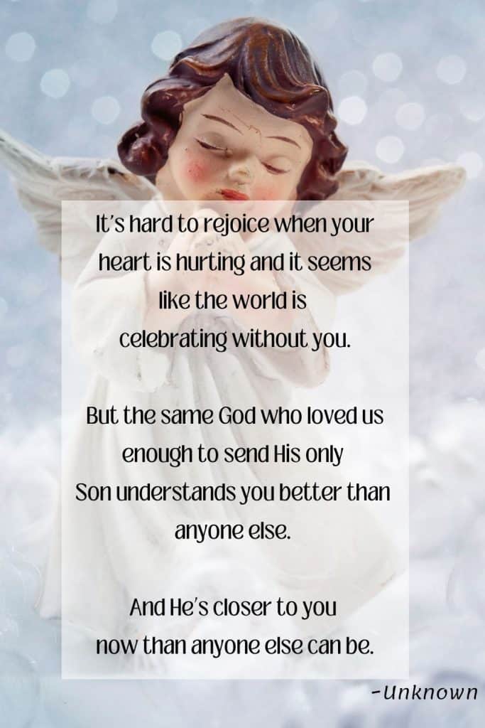 Porcelin angel with spread wings with a light blue sparkling background text overlay saysThe sadness never goes away the silent tears still flow you're thought of and so sadly missed more than you'll ever know  But now you're with the Angels safe and sound in Heaven above we hold on to the memories and treasure them with love  Yet special times like Christmas often make us wonder why God took you from this world it was too soon to say goodbye  But memories are precious they will last a lifetime through we know that God has chosen you to be His Angel too. 