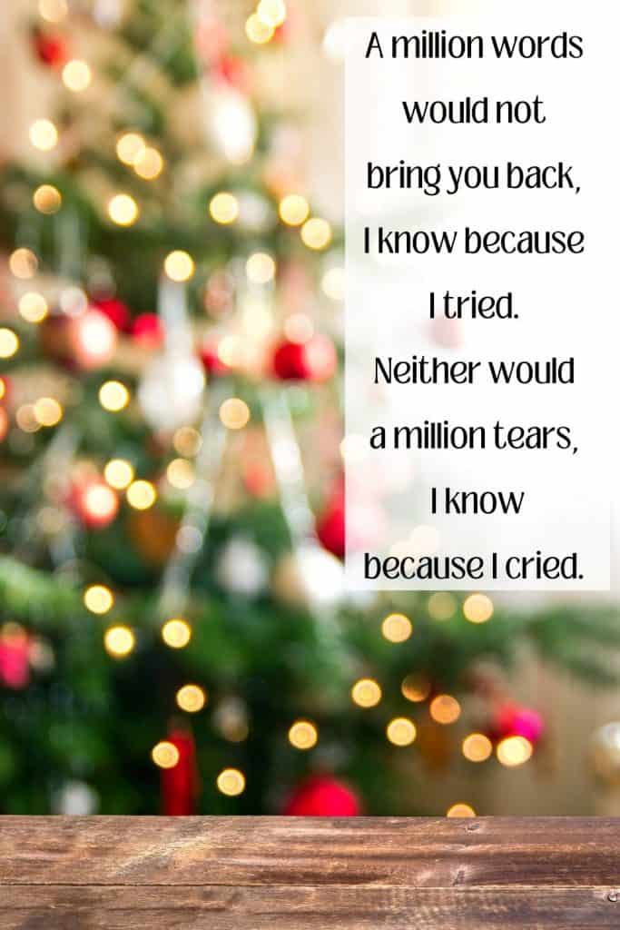 Decorated tree with twinkling lights text over lay says A million words would not bring you back, I know because I tried.  Neither would a million tears, I know because I cried.  