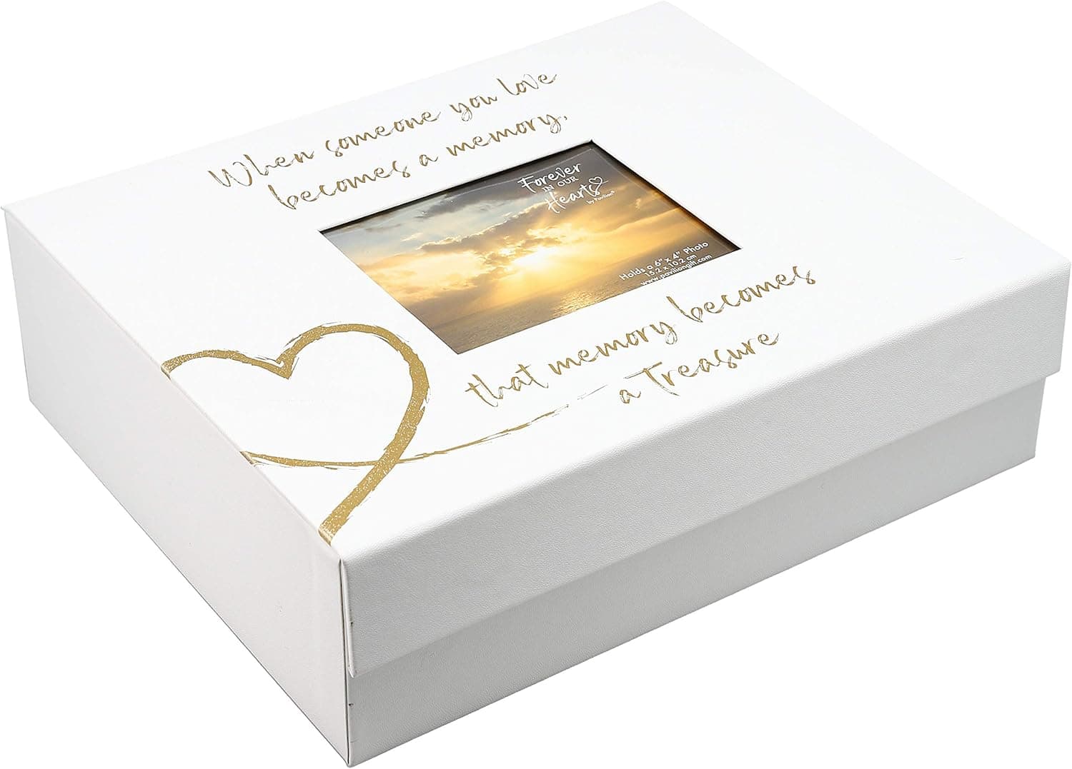 White keepsake box with a heart and text that says when someone you love becomes a memory that memory becomes a treasure.