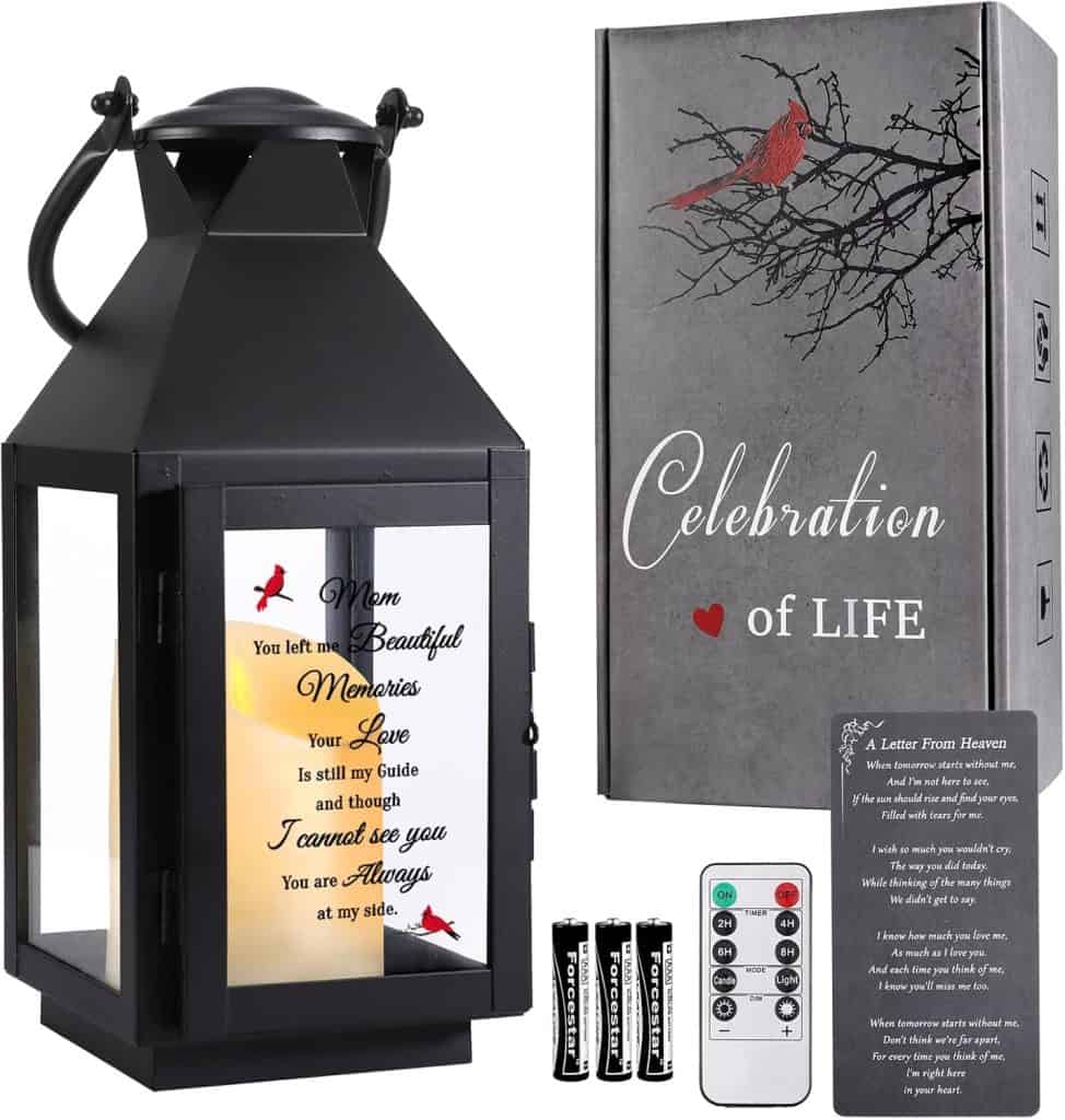 Black memorial lantern with batteries, remote, a letter from heaven and a celebration of life box.  