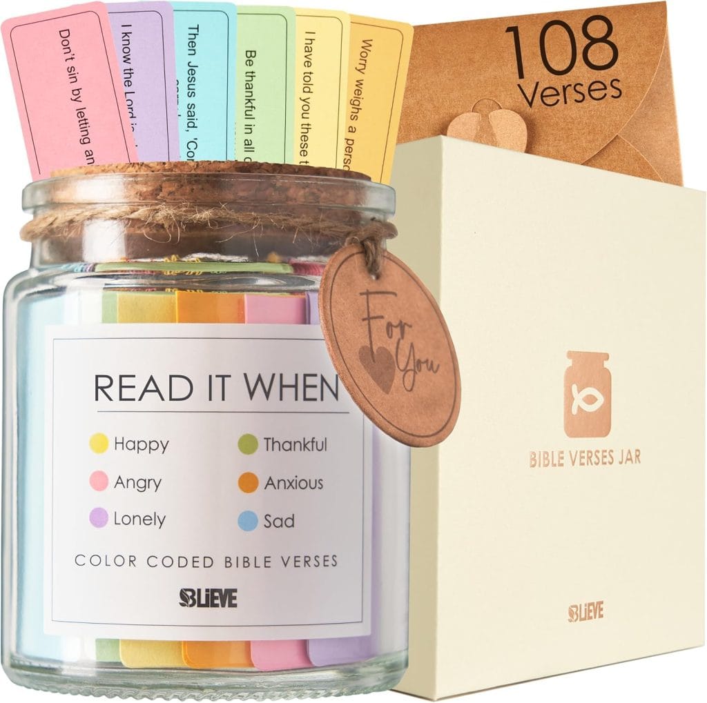 Bible verse jar with a 108 beautiful pastel color daily cards and a jar that says read when you're anxious, thankful, loney, sad,  happy or angry. 