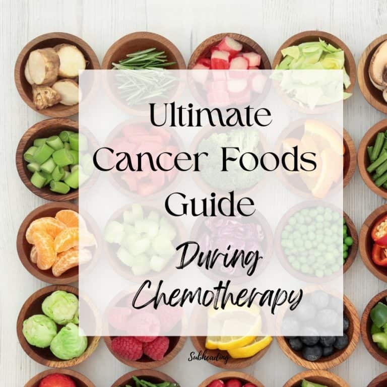 Small bowls of fruit and vegtables. Text says The ultimate cancer foods guide during chemo therapy